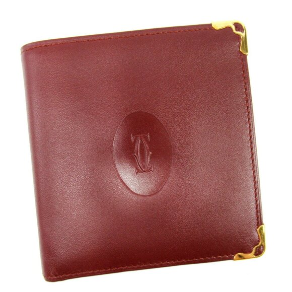 Cartier Two Folded Purse Masteline Bordeaux Enamel Leather Authentic USED T10436 - Picture 1 of 8